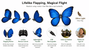 remote control flutter butterfly drone realistic flying toy with 2.4ghz control, rechargeable battery, for wedding surprise, party, indoor & outdoor play, great gift for kids and adults (blue)